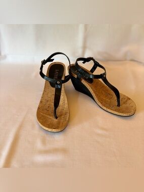 Lauren Ralph Lauren Black Cork Wedge T-Strap Sandals